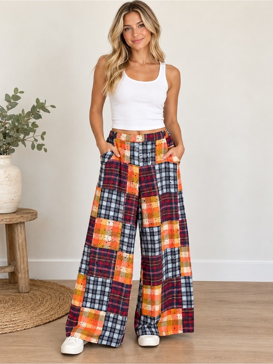 Jaded Gypsy Pants - Jaded Gypsy Mixed Up Flannel Pants Mango Patchwork Wide Leg L/XL